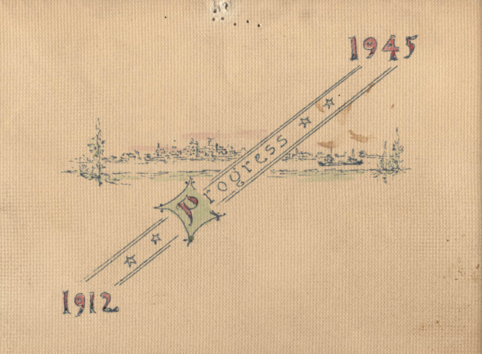 a line pointing from the numbers 1912 to 1945 with the word Progress written across hand drawn scenery