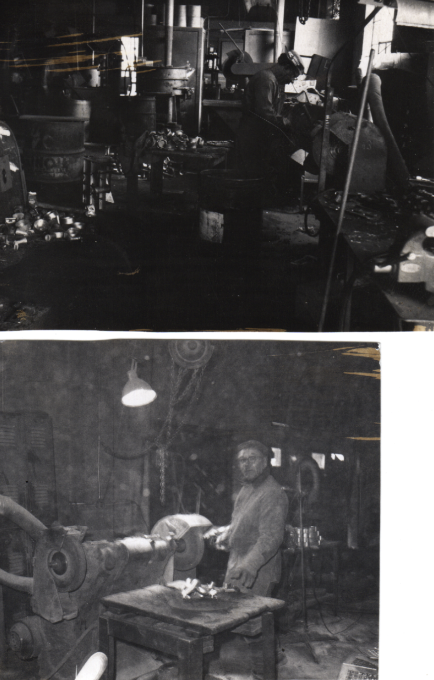 black and white collage of 2 photos depicting men working on castings in the Warner Brothers warehouse