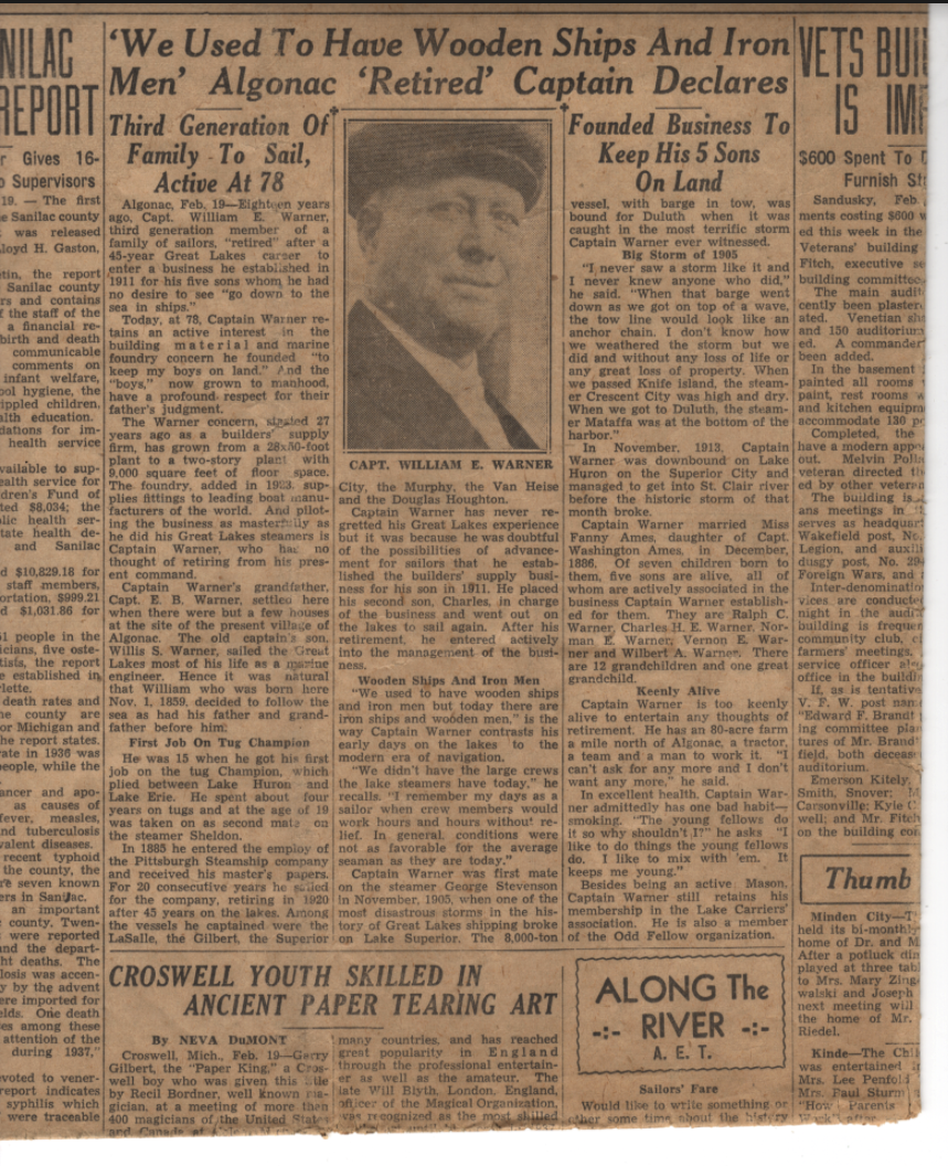 1938 newspaper article in The Port Huran featuring a photo of William E. Warner